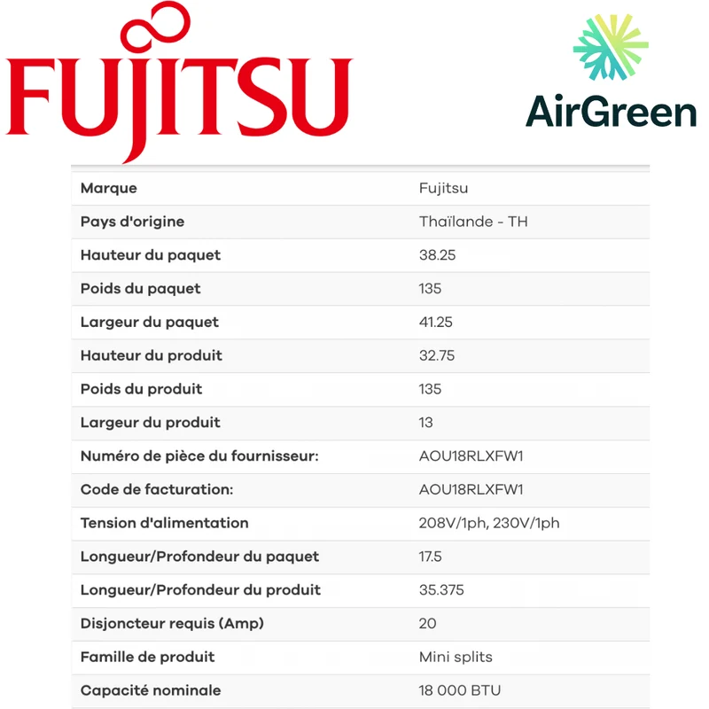 Installation thermopompe Fujitsu RLXFW1 de 18 000 BTU à Montréal, Laval, Longueuil, Rive-Sud et Rive-Nord