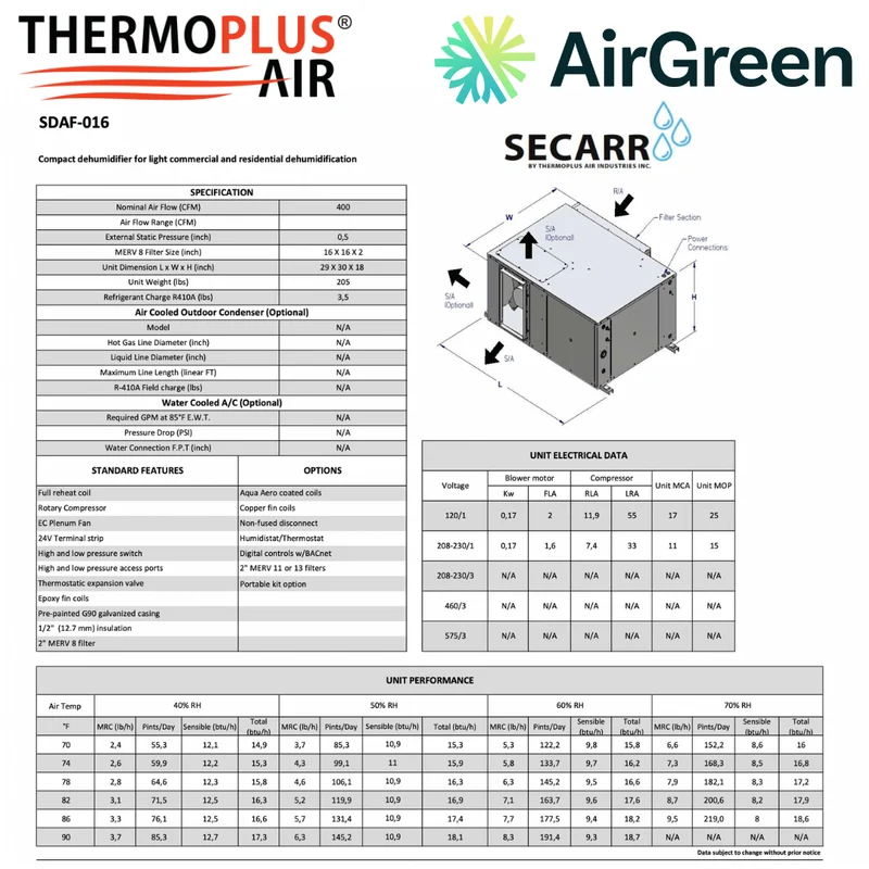 Déshumidificateur Commercial : SECARR SDA SDAF-016 de THERMOPLUS AIR