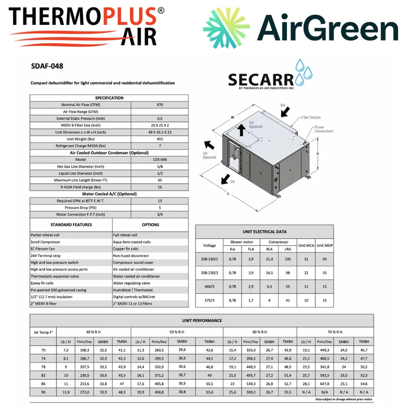 Déshumidificateur Commercial : SECARR SDA SDAF-048 de THERMOPLUS AIR