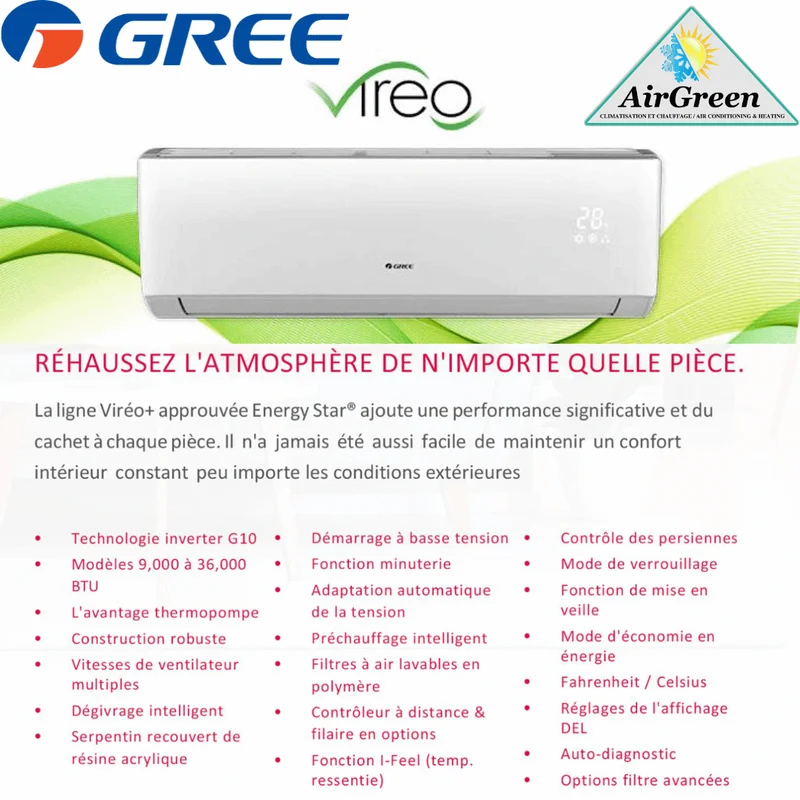 Thermopompe Murale GREE VIREO+ de 24 000 BTU (-20°C)