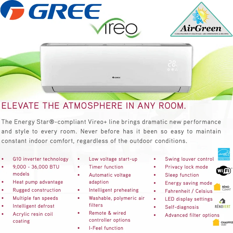 Thermopompe Murale GREE VIREO+ de 24 000 BTU (-20°C)