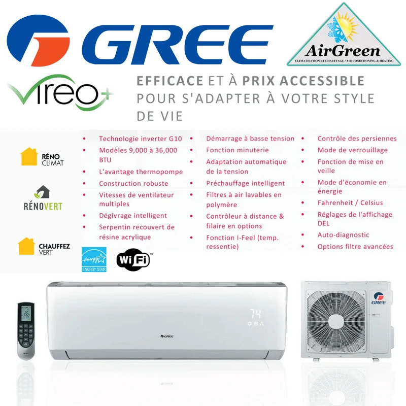 Thermopompe Murale GREE VIREO+ de 12 000 BTU (-20°C)