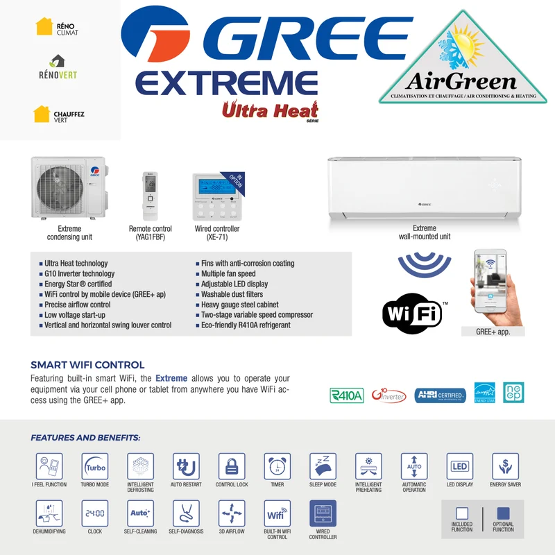 Thermopompe Murale GREE EXTRÊME de 24 000 BTU Montréal (-30°C)