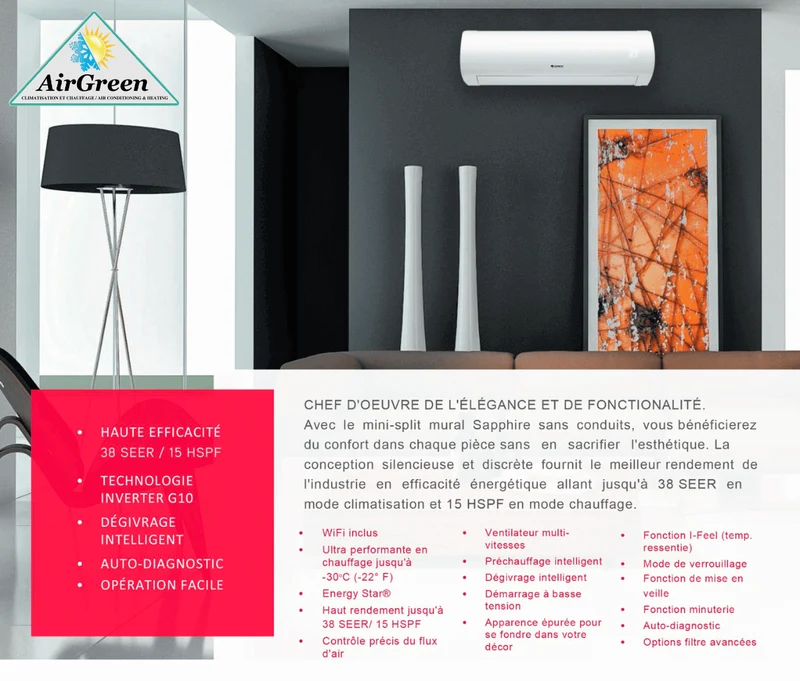 Thermopompe Murale GREE SAPPHIRE de 24 000 BTU Montréal (-30°C)