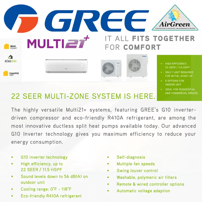 Thermopompe Double Zone Gree Multi21+ Compresseur 24 000 BTU Montréal