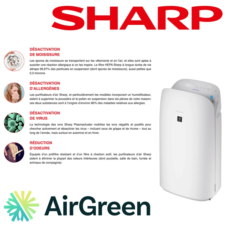 Purificateur d'Air et Humidificateur Sharp Série Plasmacluster® 7000 KCP110CW
