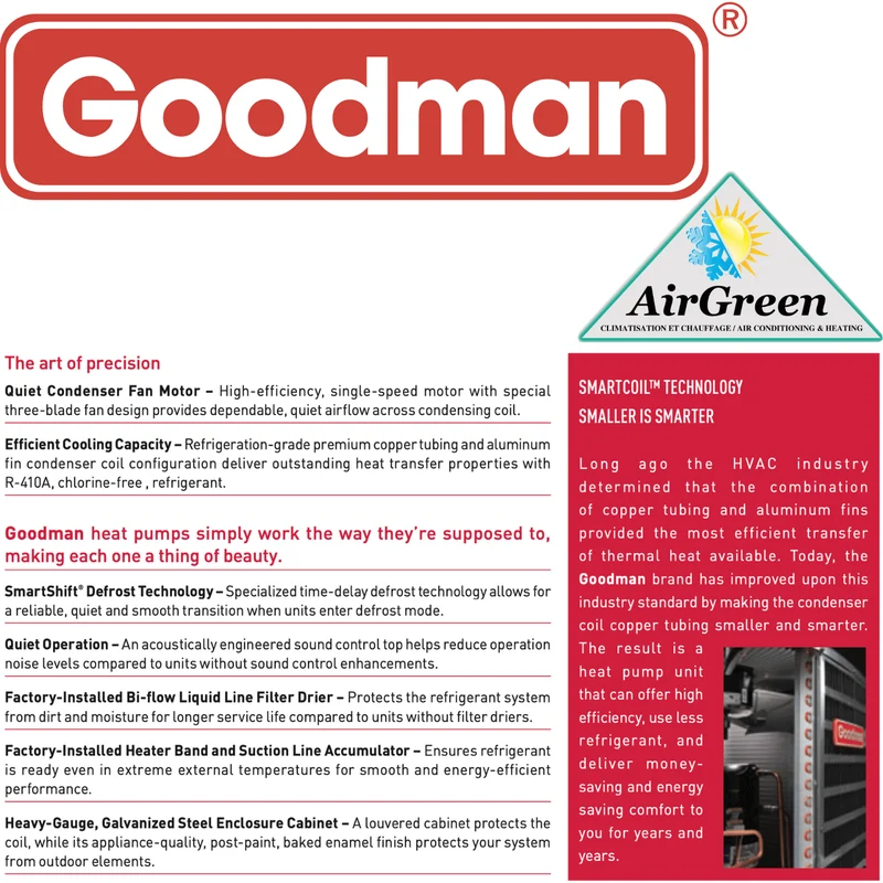 Thermopompe Centrale Goodman 16 SEER de 3 Tonnes