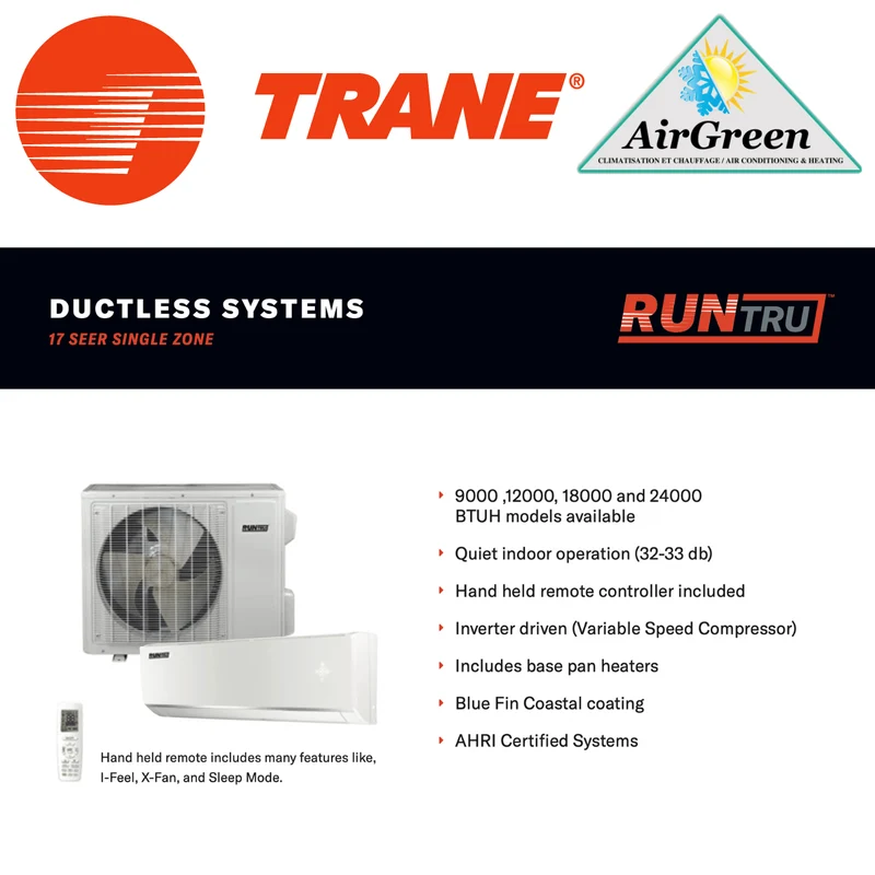 Thermopompe Murale Trane RunTru 17 SEER de 18 000 BTU Montréal