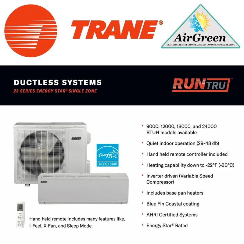 Thermopompe Murale Trane RunTru 23 SEER de 12 000 BTU (-30°C) Montréal