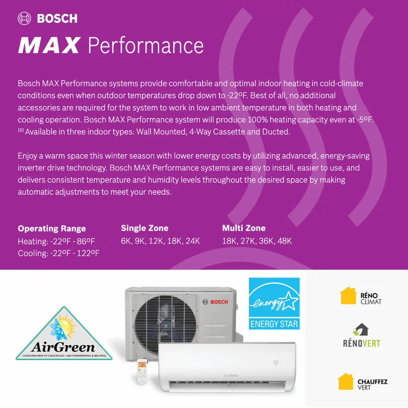 Thermopompe Murale Bosch Climate 5000 Max Performance de 18 000 BTU Montréal