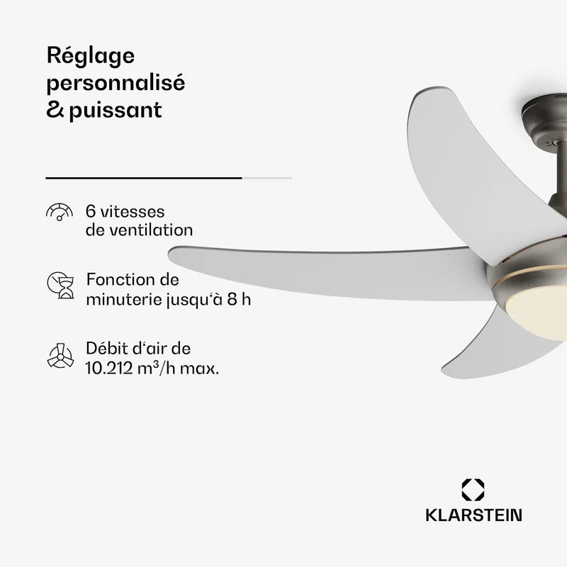 Bolero ventilateur de plafond 2 en 1 132 cm luminaire 55 W télécommande contrôle par application 2 sens de marche
