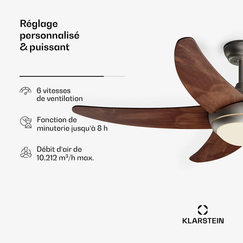 Bolero ventilateur de plafond 2 en 1 132 cm luminaire 55 W télécommande contrôle par application 2 sens de marche