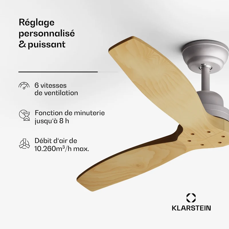 Santa Elena Ventilateur de plafond 52" 10260m³/h Pales en bois véritable 6 vitesses Télécommande