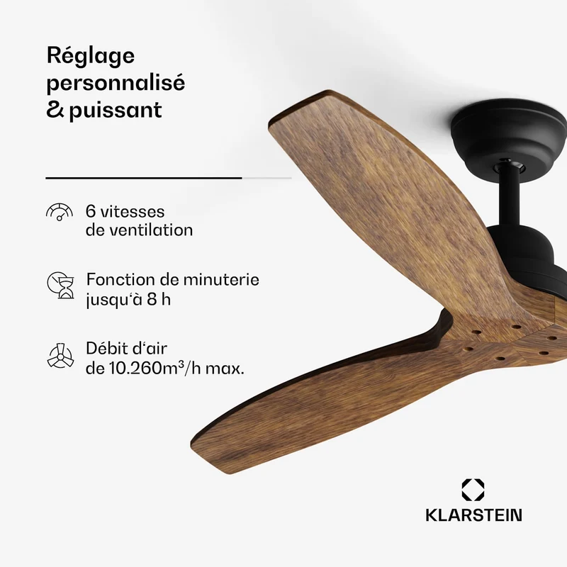 Santa Elena Ventilateur de plafond 52" 10260m³/h Pales en bois véritable 6 vitesses Télécommande