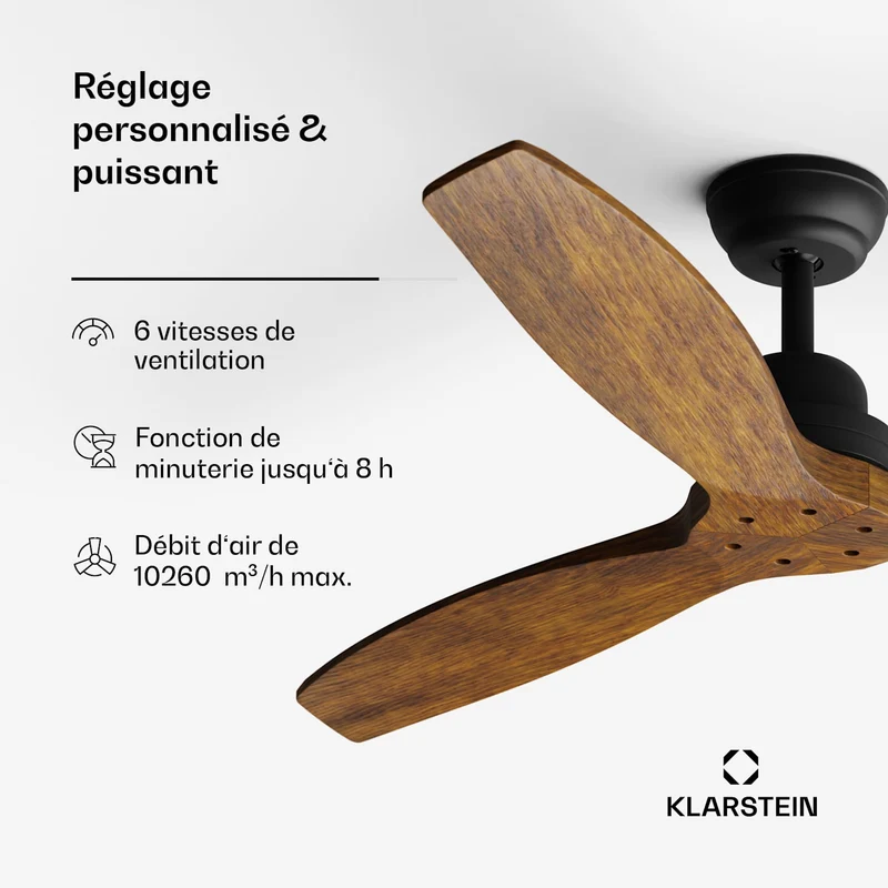 Santa Elena Ventilateur de plafond 52" 9.060m³/h Pales en bois véritable 6 vitesses Télécommande