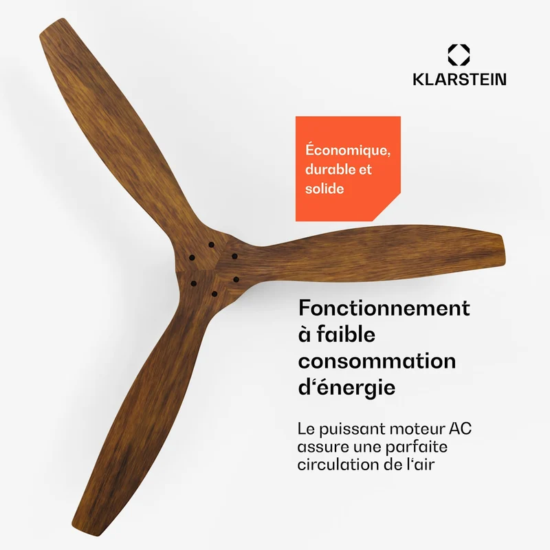 Santa Elena Ventilateur de plafond 52" 9.060m³/h Pales en bois véritable 6 vitesses Télécommande