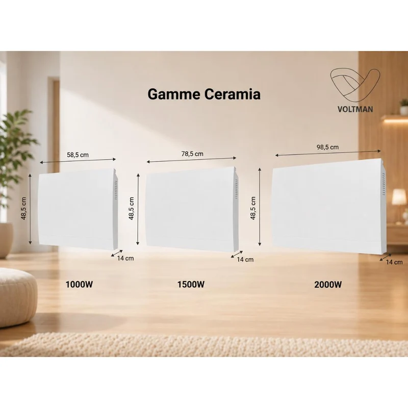 Radiateur Ceramia Connect Wifi 1000W à 2000W - façade acier - blanc - Voltman