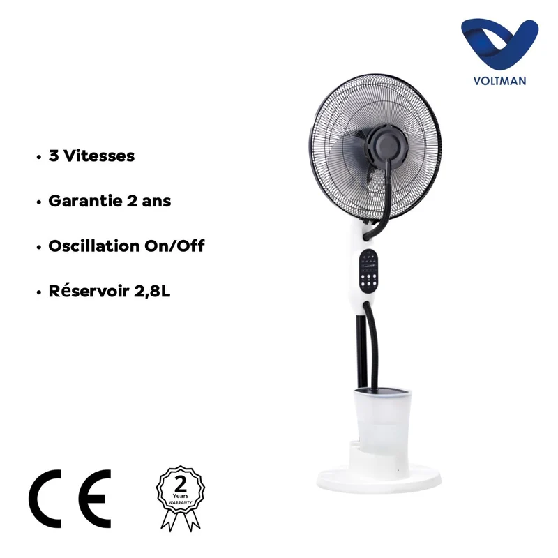 Ventilateur Brumisateur Silencieux et Oscillant - 75W - Blanc 40cm - 3 Vitesses - Voltman